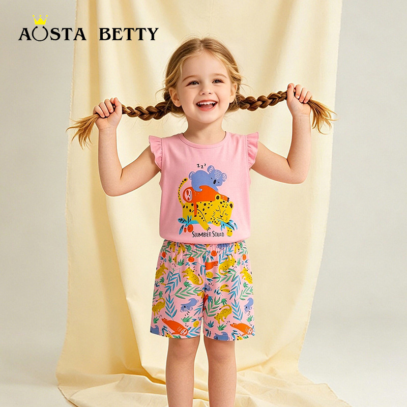 Nuevos productos de verano de estilo europeo y americano ropa infantil al por mayor niñas impresión de dibujos animados manga corta juego de camisetas de dos piezas para niñas