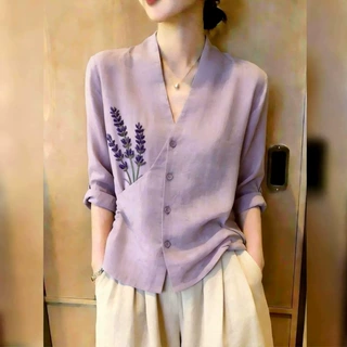 法式薰衣草刺绣V领衬衫女时髦洋气休闲小众紫色长袖别致紫色衬衣