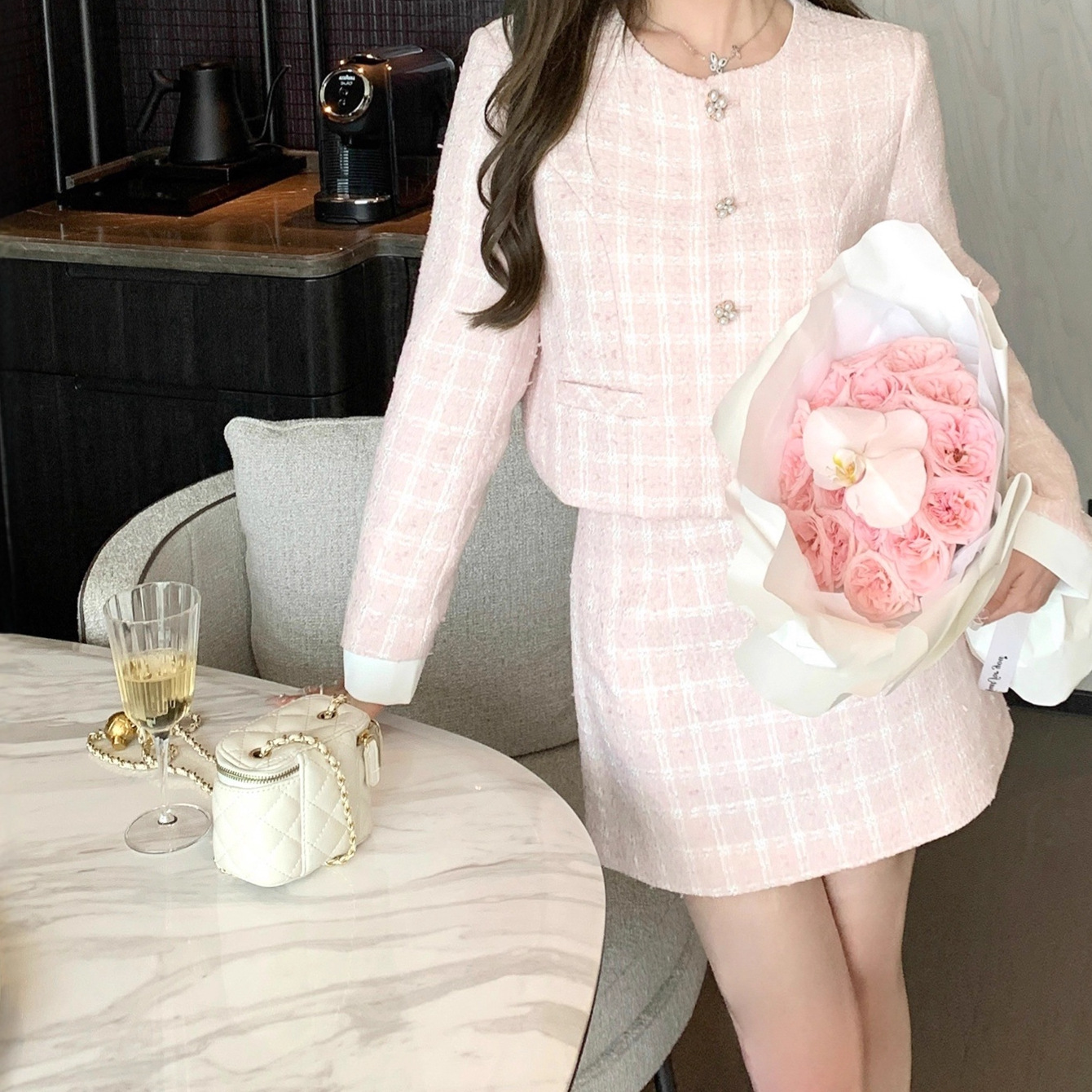 2025 Autumn Socialite Style Short Skirt Two-Piece Set French Style Pink Plaid Woolen Patchwork Short Jacket for Women