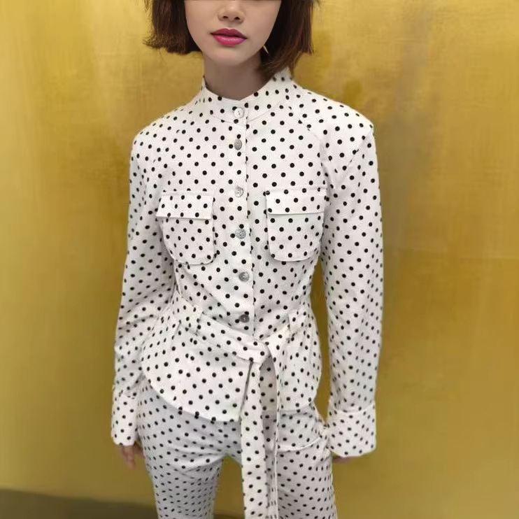 Cross-Border European and American Women's Clothing Aliexpress Hot-Selling Fashion Casual Polka Dot Shirt Jacket + Polka Dot Capri Pants Set