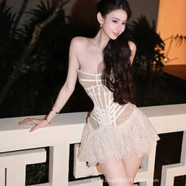 气质名媛风抹胸连衣裙女高级感精致贵气蕾丝刺绣掐腰显瘦生日裙子