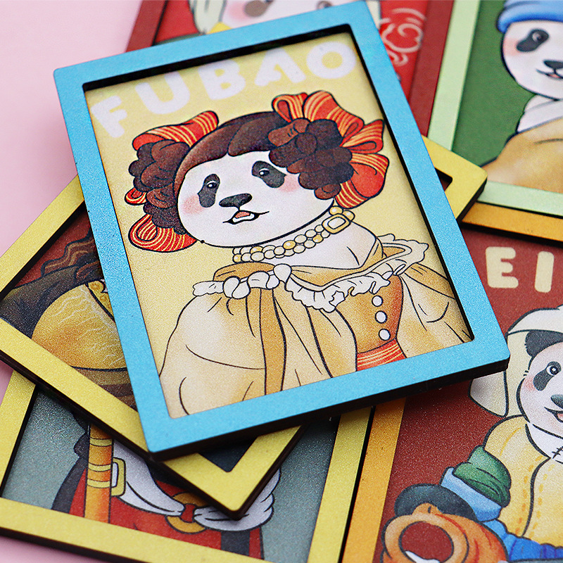 2025年国潮可爱熊猫卡通装饰仿真可爱名画熊猫木质冰箱贴磁贴