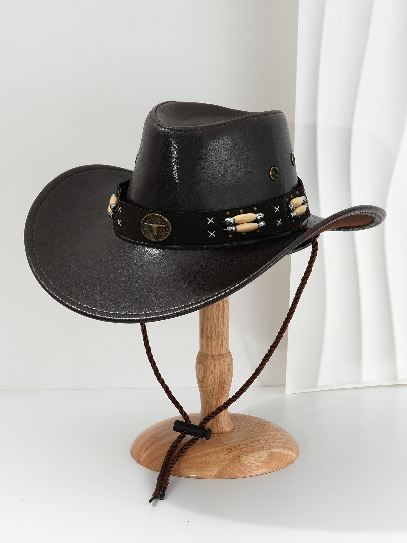 Retro Western Cowboy Hat PU Leather Metal Sun Beaded Heavy Motorcycle Stage Performance Trendy Men's Hat_voghion.com