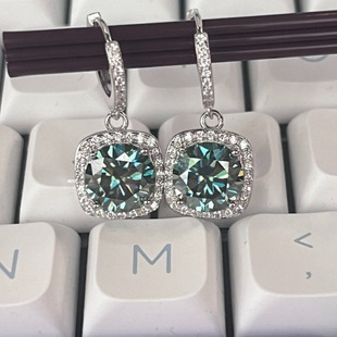Cross-border Hot S925 Sterling Silver Simple Blue Green Mosane Square Bag Ear Buckle Fashion Brilliant Square Diamond Moissanite Earrings