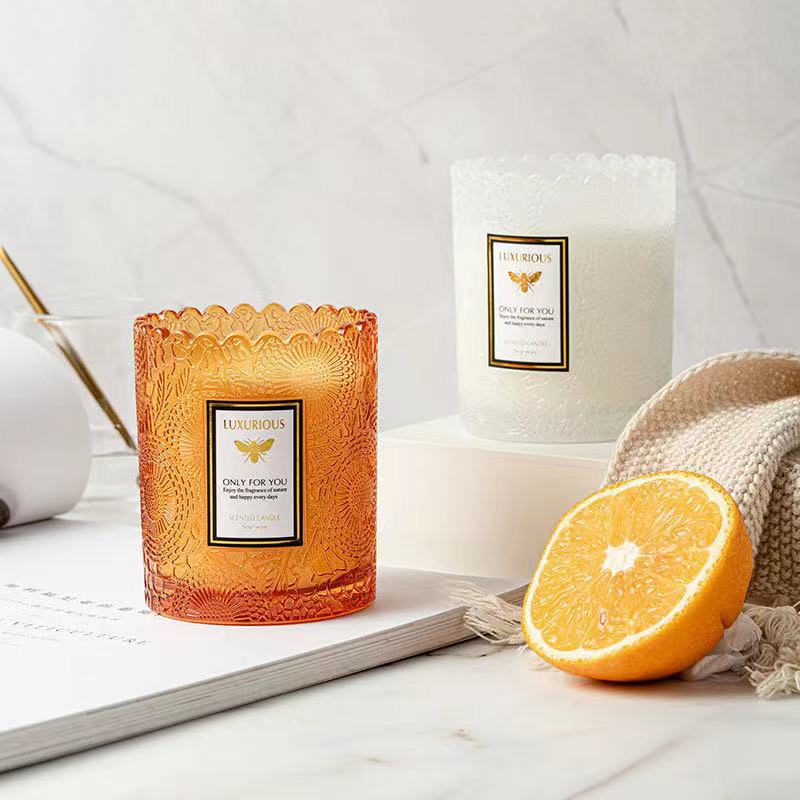 Boutique de encaje taza aromaterapia frasco de vidrio en relieve de encaje vela Copa de gama alta de fondo grueso botella de color botella de aromaterapia