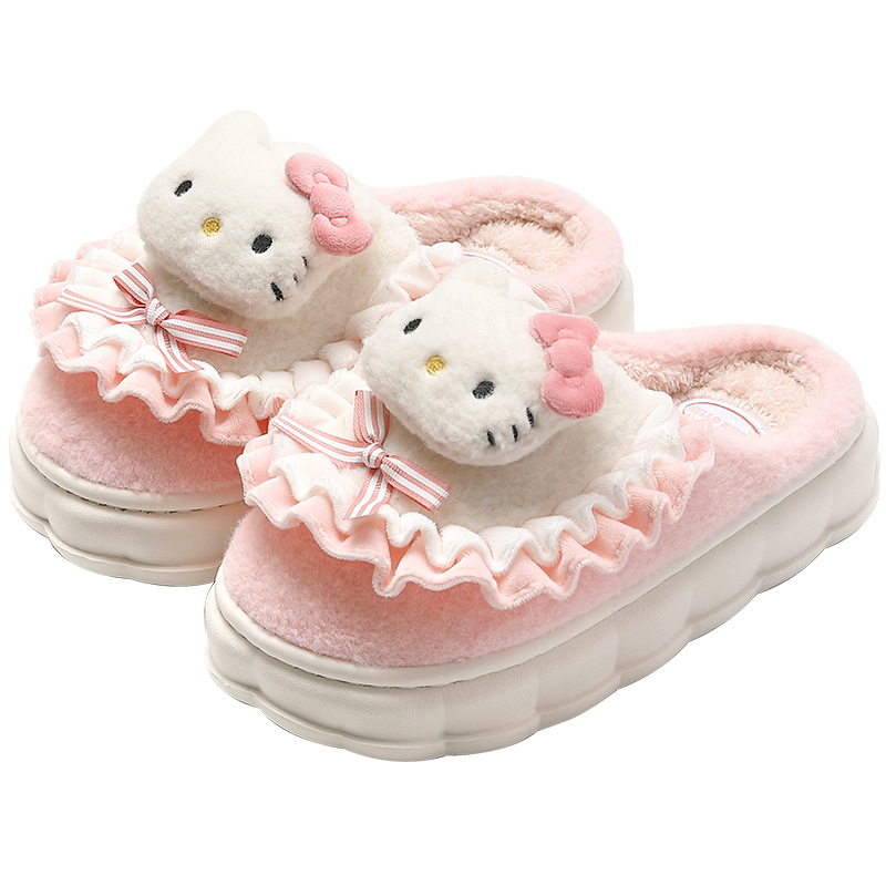 Zapatillas de piel lindas para mujer otoño e invierno Sanrio genuino de dibujos animados para el hogar antideslizante cálido para el hogar zapatillas de algodón al por mayor