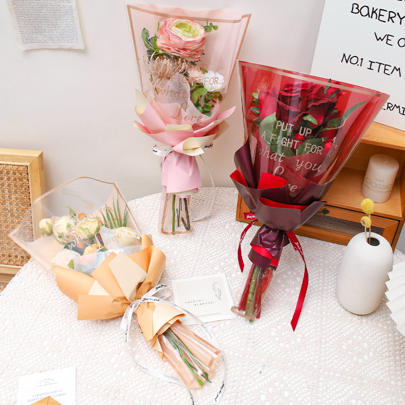 多支花束包装袋鲜花包装纸透明金边简框单支玫瑰花袋花艺材料全套