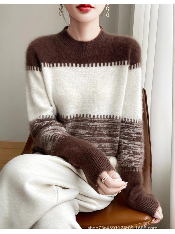 2024新型の色のストライプの長袖のニットのウールの女性のゆったりしているファッションの洋風のカジュアルな怠惰な風の頭の上着|undefined