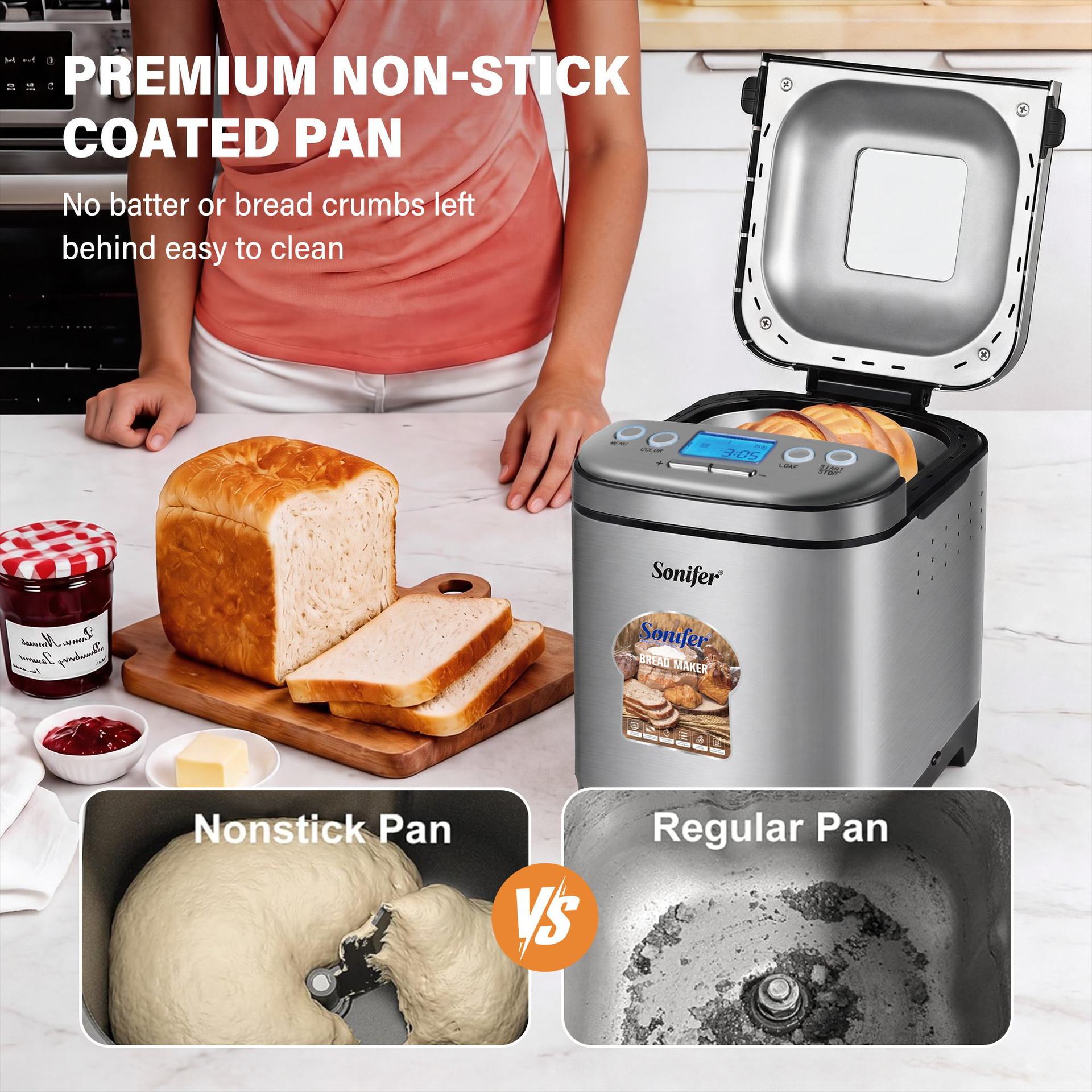 European standard cross-border LCD display home-use fully automatic bread maker, lazy dough kneading and fermentation machine, dough kneading machine with 12 programs