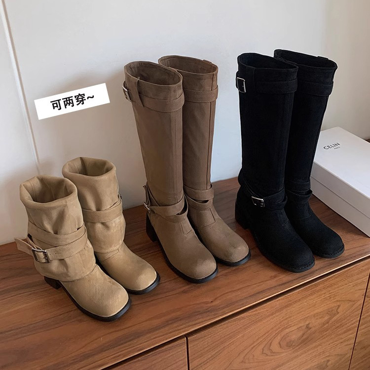 레트로 플리츠 라운드 토 두꺼운 굽 파일 부츠 2025 신작 가을 겨울 부츠 카키 스웨이드 무릎 부츠