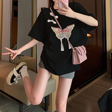跨境外单新中式国风蝴蝶结纯棉短袖t恤女夏季设计感小众上衣ins