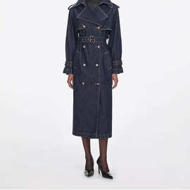 春季新款深蓝色牛仔风衣女 双排扣收腰中长款复古英伦风过膝外套