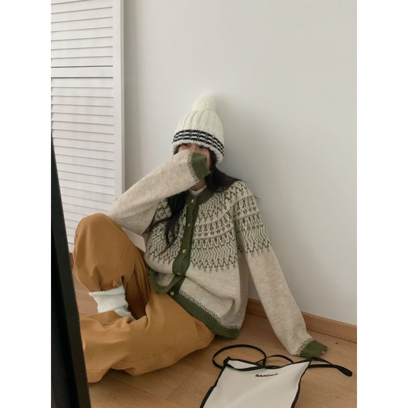 复古费尔岛加厚羊毛软糯毛衣外套女韩版秋冬新款宽松百搭针织开衫|undefined
