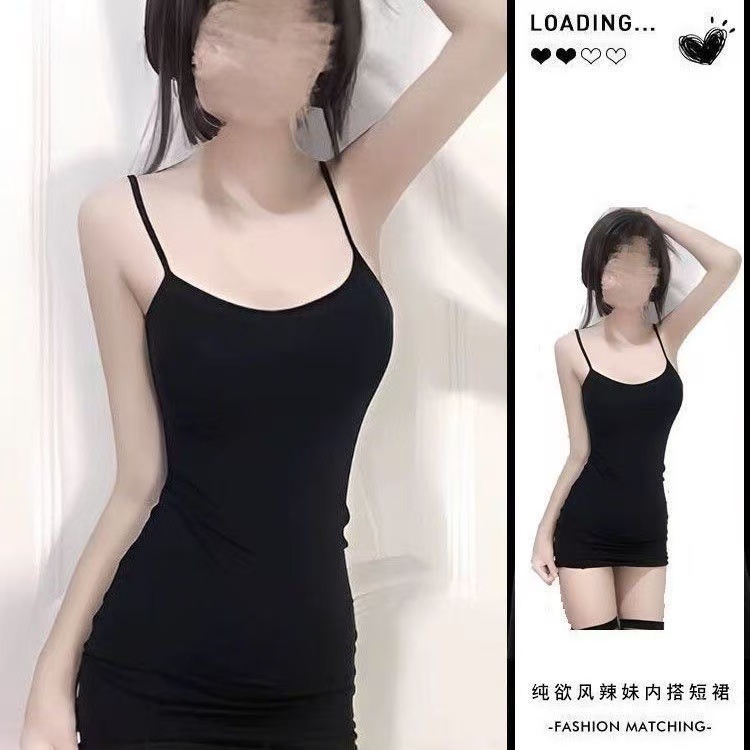 Pure Desire Spaghetti Strap Short Dress, Slim Fit Black Sleepwear for Petite Women — detail image 5