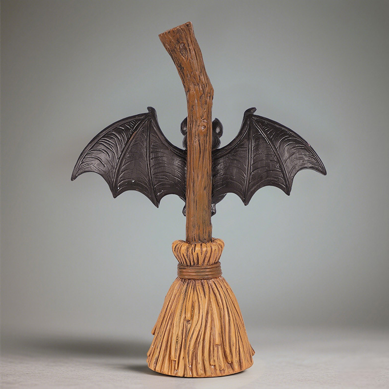 Overseas Hot-Selling Halloween Broom Bat Resin Ornaments Home Desktop Holiday Props Decoration Small Ornaments