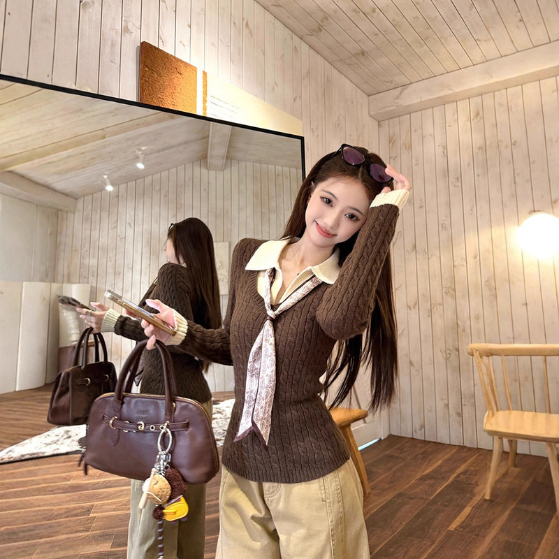 Contrast Color Stitching Fake Two-Piece Knitwear Women's Autumn and Winter Korean Style Polo Collar Slim Inner Long-Sleeved Knitwear Top