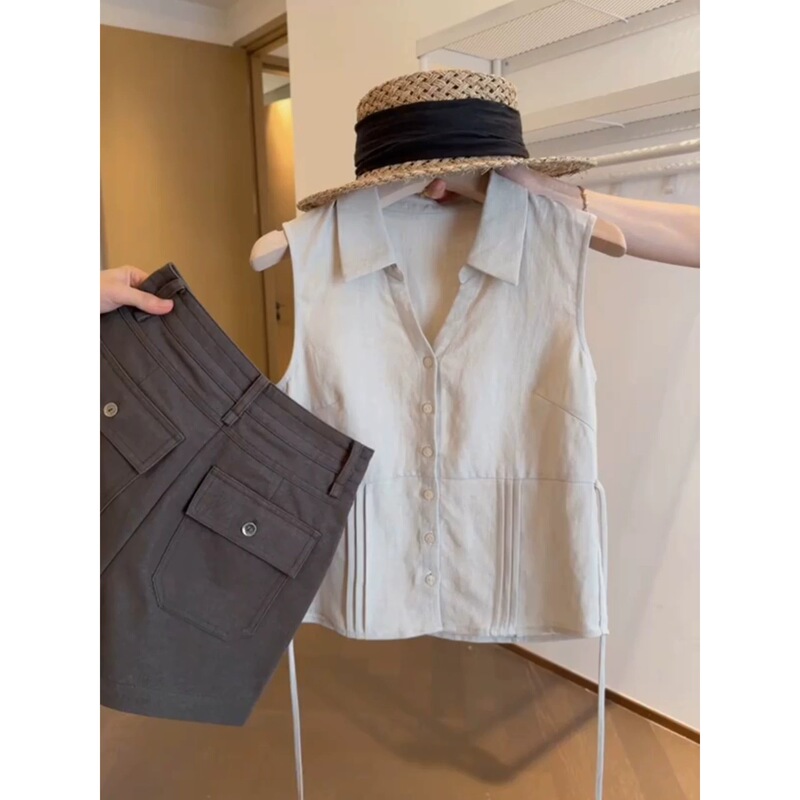 Recommended~ Shenzhen Nanyou High-End Heather Gray Linen Sleeveless Shirt for Women, Light Luxury Polo Collar Vest Recommended~ Shenzhen Nanyou High-End Heather Gray Linen Sleeveless Shirt for Women, Light Luxury Polo Collar Vest
