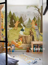 北欧插画儿童房壁纸壁布森林动物男孩女孩卧室全屋背景墙纸墙布