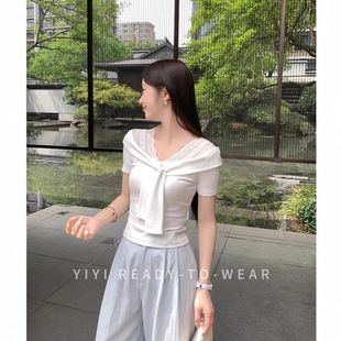 2025 New Summer Hot Girl Niche Design Lace Splicing Pure Lust Lace-Up Slimming Look Top