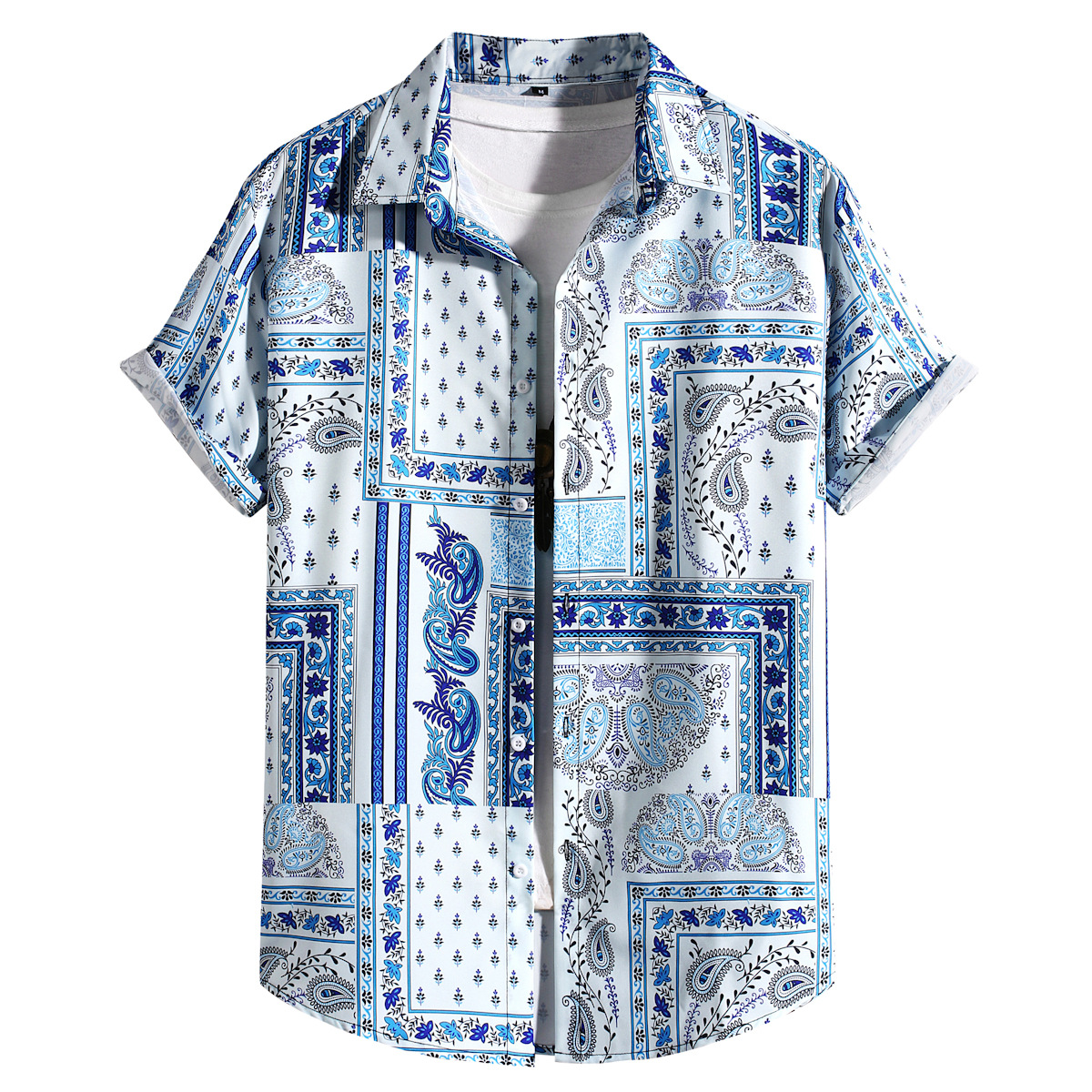 Camisa de hombre azul y blanco anacardo impreso camisa casual de manga corta para hombre medio oriente retro estiramiento de cuatro lados 2023 verano nuevo
