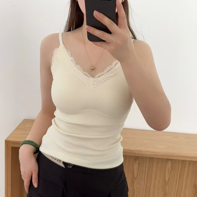 5012新全棉磨毛蕾丝吊带背心女固定胸垫内搭打底修身内衣时尚百搭