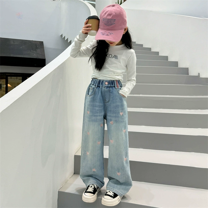 Denim Trousers Teen, Embroidered Hearts, Spring–Autumn Wide-Leg, Sizes 120–170 cm