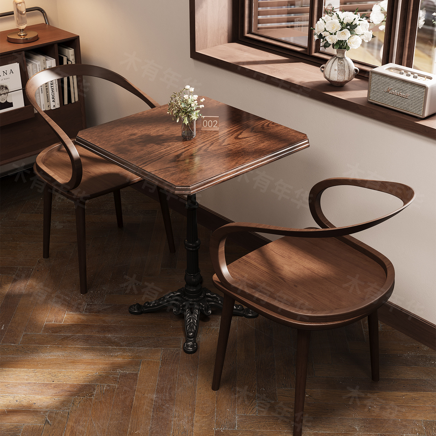 Mesa y silla de pastelería estilo retro americano café y té restaurante dulces tienda de agua de azúcar mesa redonda bar asiento de madera sólida comercial