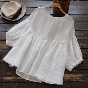 Trendy Youthful New Summer Plus-Size Korean-Style Loose Sweet Solid Color Top Japanese-Style Lantern Cotton Linen Shirt