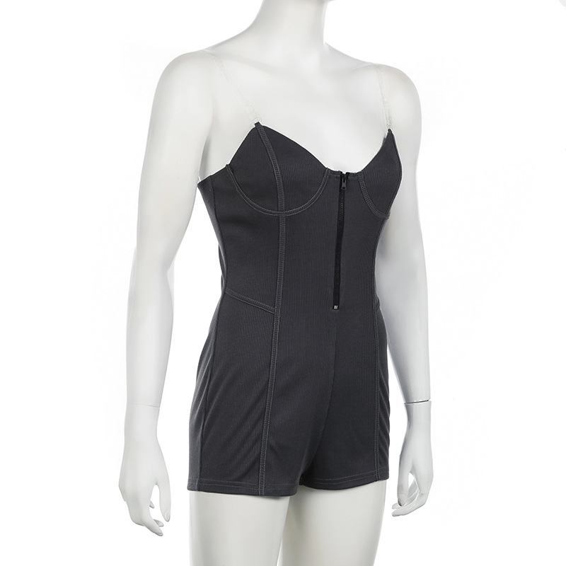 Women Tube Top See through Bra Straps Distressed Rib Sexy Jumpsuit Personality Suspender Shorts