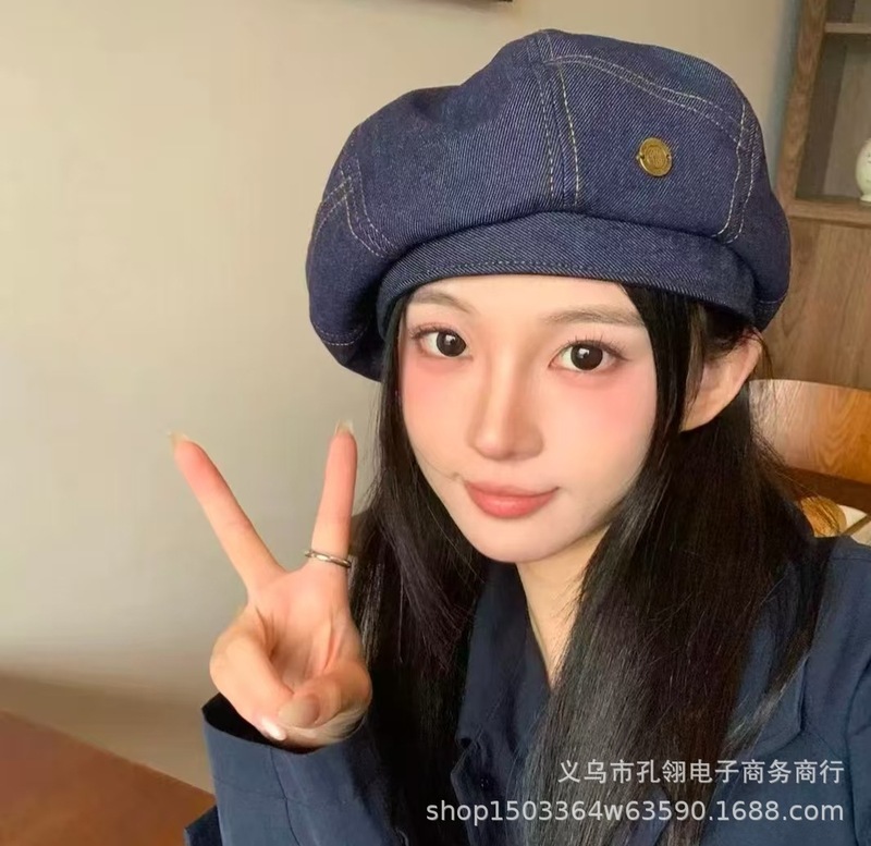 英伦复古牛仔贝雷帽女春秋新款日系复古显脸小画家帽大头围八角帽|undefined