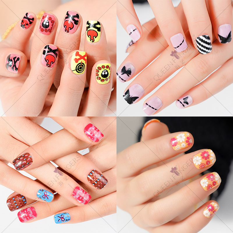 24 piezas de bolsillo de uñas para niños usando uñas adhesivas de espalda pegamento de uñas para niños uñas falsas productos terminados