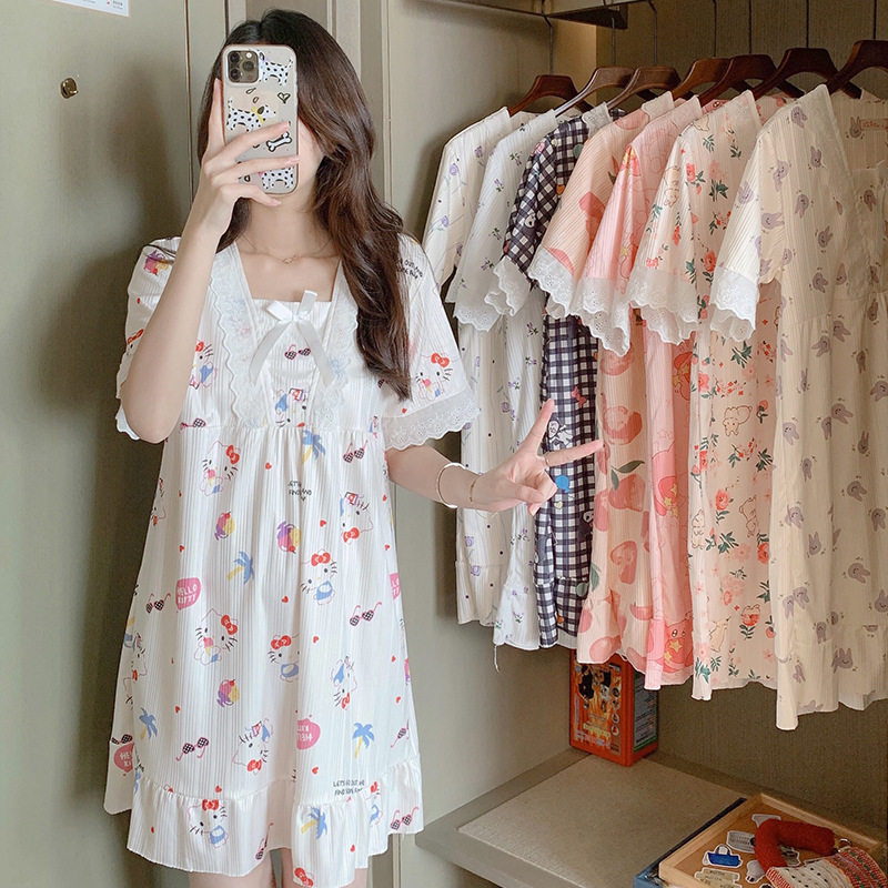 Pijamas de verano de mangas cortas lindas dulces faldas de princesa 2024 nuevo vestido de casa suelto verano
