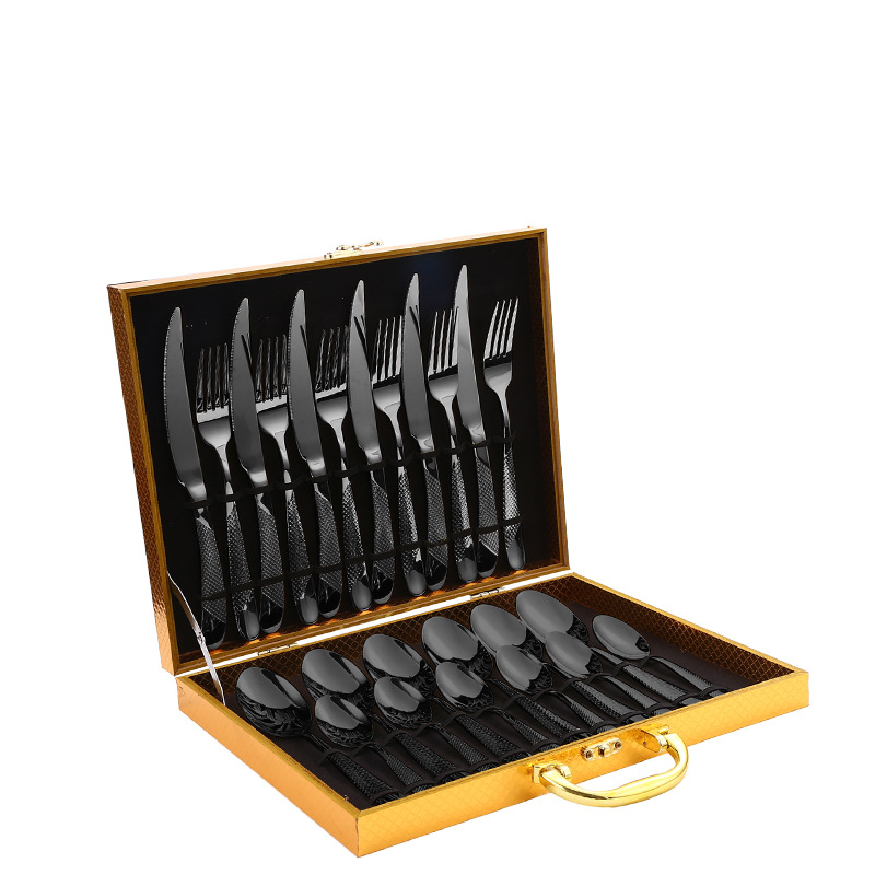 Amazon TikTok vajilla de acero inoxidable 24 piezas traje estrella diamante cuatro piezas principales cuchillo de comida occidental, tenedor y cuchara caja de regalo de oro