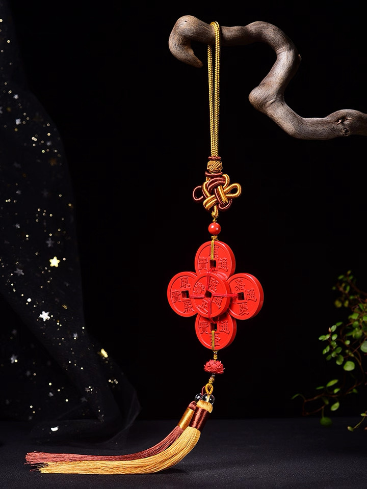 Imperial Sand Cinnabar Five Emperors Money Car Hanging Men's and Women's Chinese Knot Double Tassel Car Hanging Pendant Rearview Mirror Gift