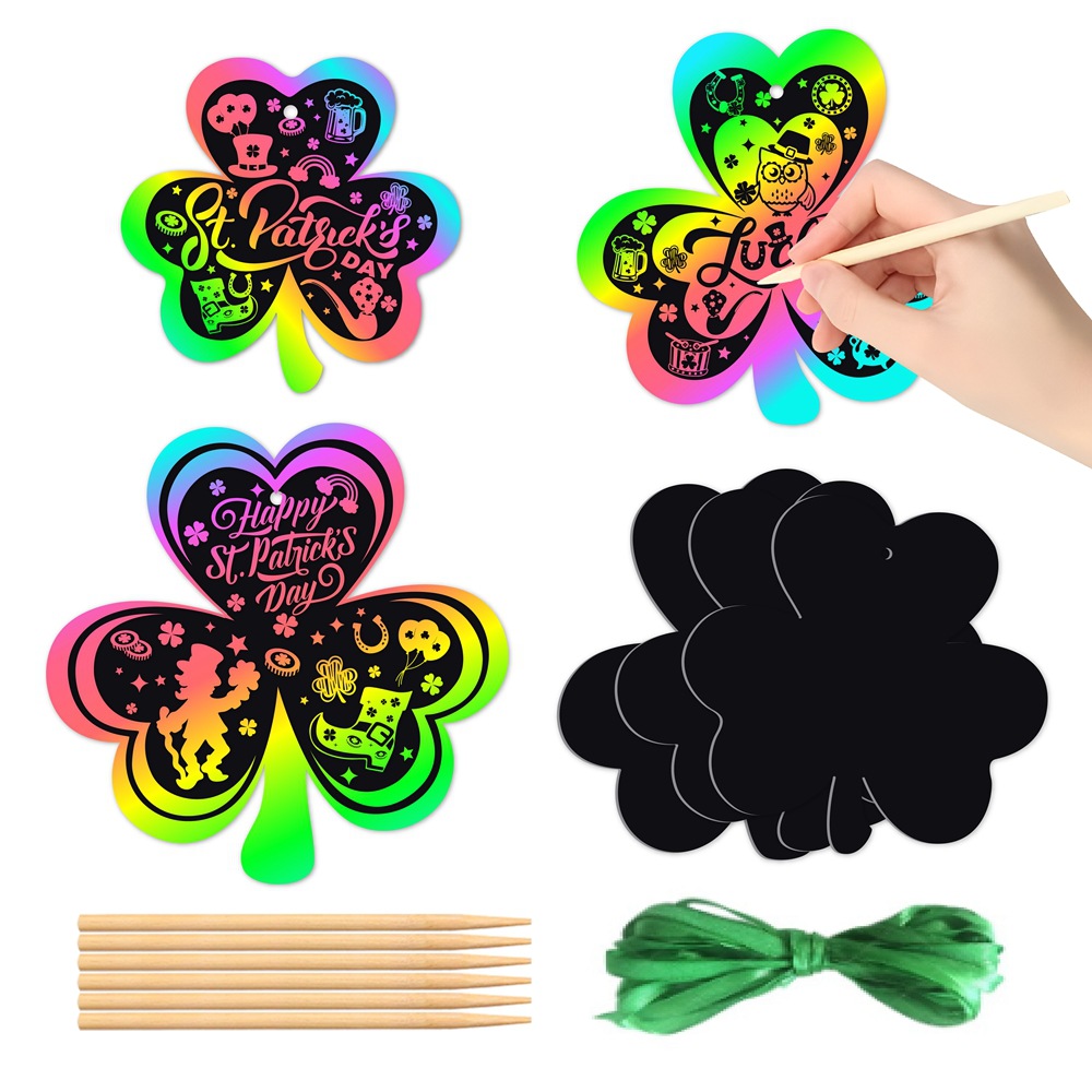 Nuevo estilo transfronterizo Día de San Patricio DIY Scratch Painting Irish Festival de tarjetas de rascar de trébol Adornos festivos