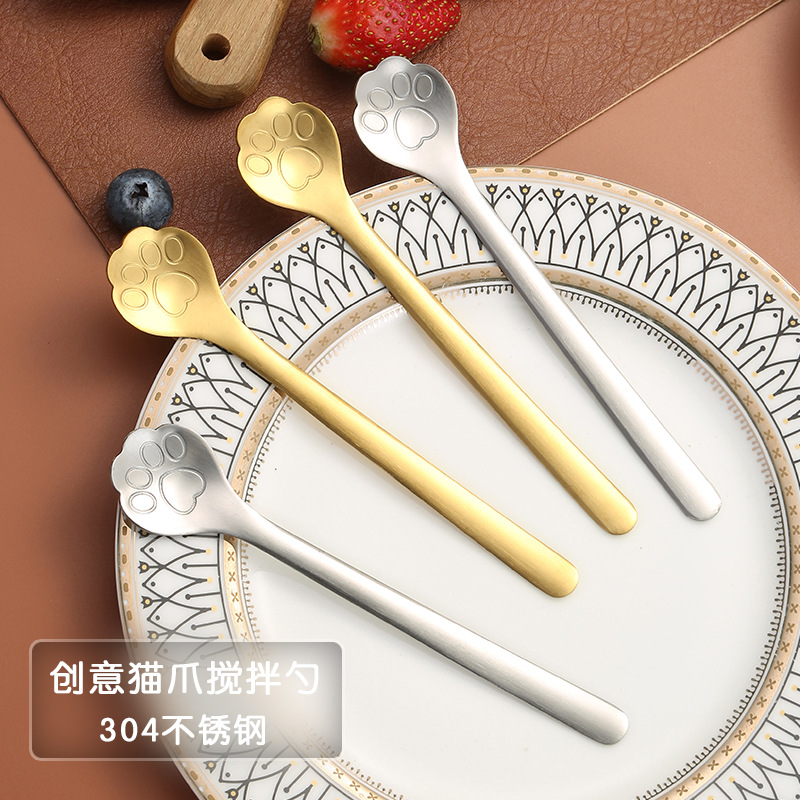 创意日式304不锈钢勺子咖啡勺搅拌勺甜品雪糕勺卡通可爱猫爪小勺