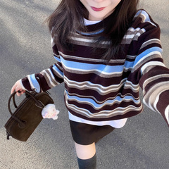 法式复古撞色条纹长袖针织衫女秋冬独特超好看设计感宽松单穿上衣