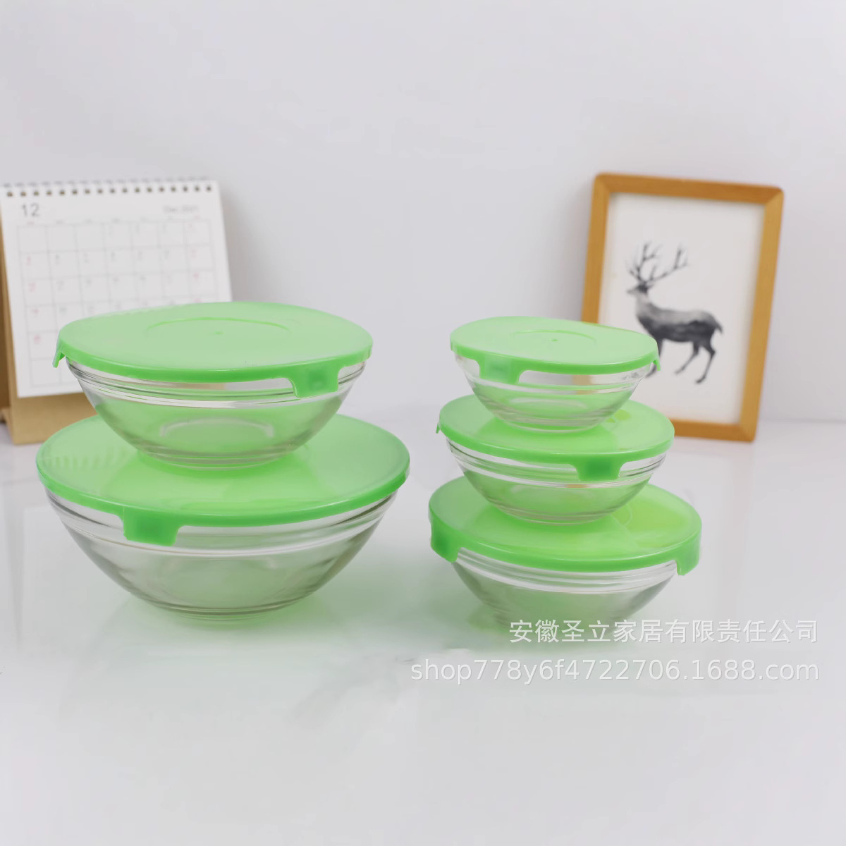 Nuevo juego de cuencos frescos Juego de cinco piezas Caja de almuerzo de tazón de fideos instantáneos con tapa Plato de frutas Ensalada Tazón de vidrio Regalo al por mayor
