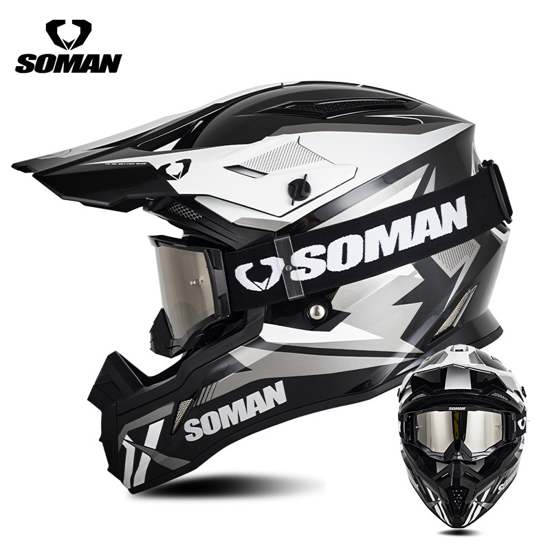 Motosiklet kaskı (dəbilqə) – Motuoche Karting Rally Downhill - black-and-white-lightning-with-black-silver-goggles-s
