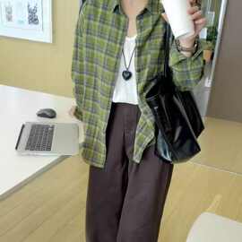 原版质量绿色格纹衬衫女士春秋新款美式宽松百搭衬衣外套可盐可甜
