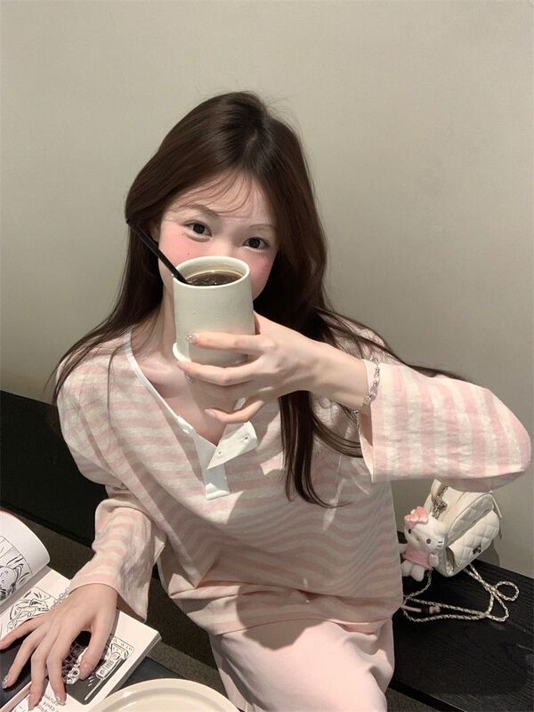 粉色条纹半开领系带长袖T恤女早秋季慵懒风气质休闲宽松甜美上衣|undefined