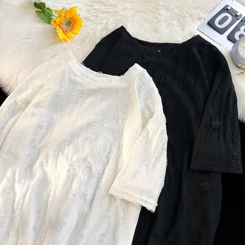 Herr t-shirt med revor och sliten look trendig lös passform_voghion.com