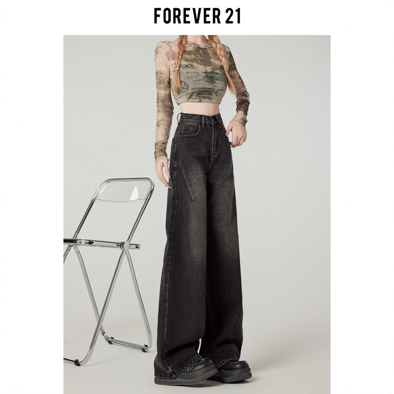 Forever 21 American Retro High-Waisted Wide-Leg Jeans for Hot Girls Black Loose Narrow Pear-Shaped Straight Pants