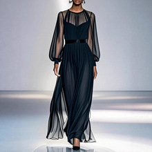 跨境欧美女装新款长裙 法式高级感气质黑色收腰两件套网纱连衣裙
