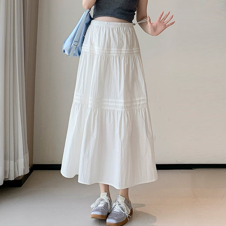 Летняя длинная белая юбка, oversize, середина длины, хлопок и лён, силуэт A-линии