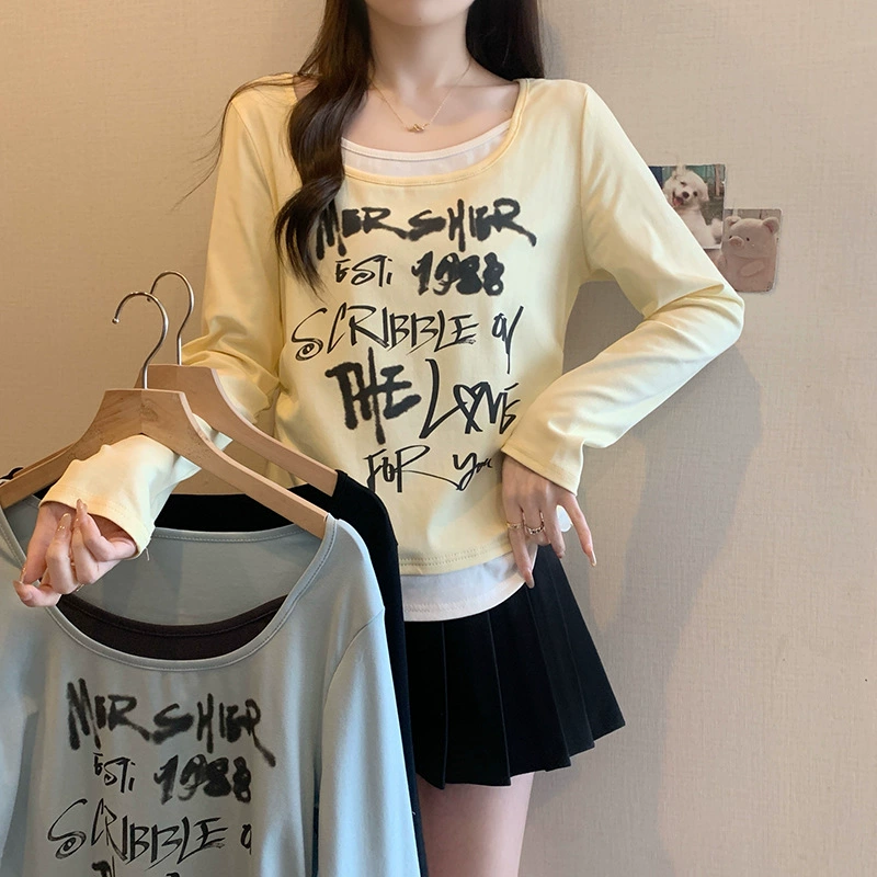 Spring set with letters, long-sleeve, T-shirt, plus size