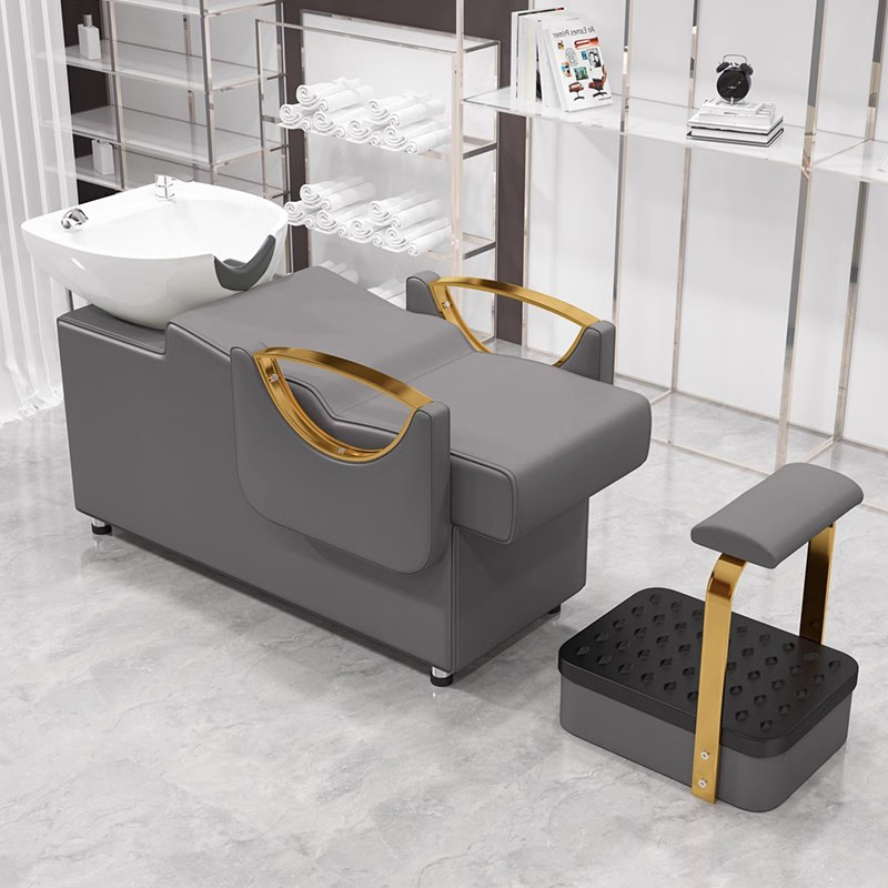 Peluquería Cama de champú Peluquería Masaje especial Terapia de cabeza Lavabo de cerámica Brazalanos de acero inoxidable Cama de champú de peluquería semi-reclinada