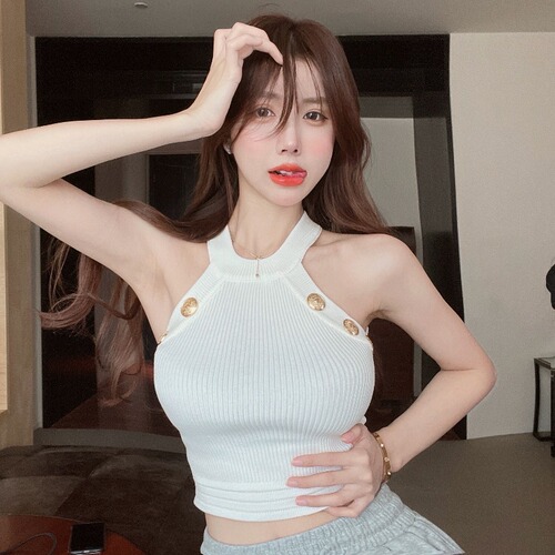 Knitted Halter Neck Camisole Women's  Summer Blue Thin Slim Sexy Outer Wear Bottoming Shirt Trendy Top