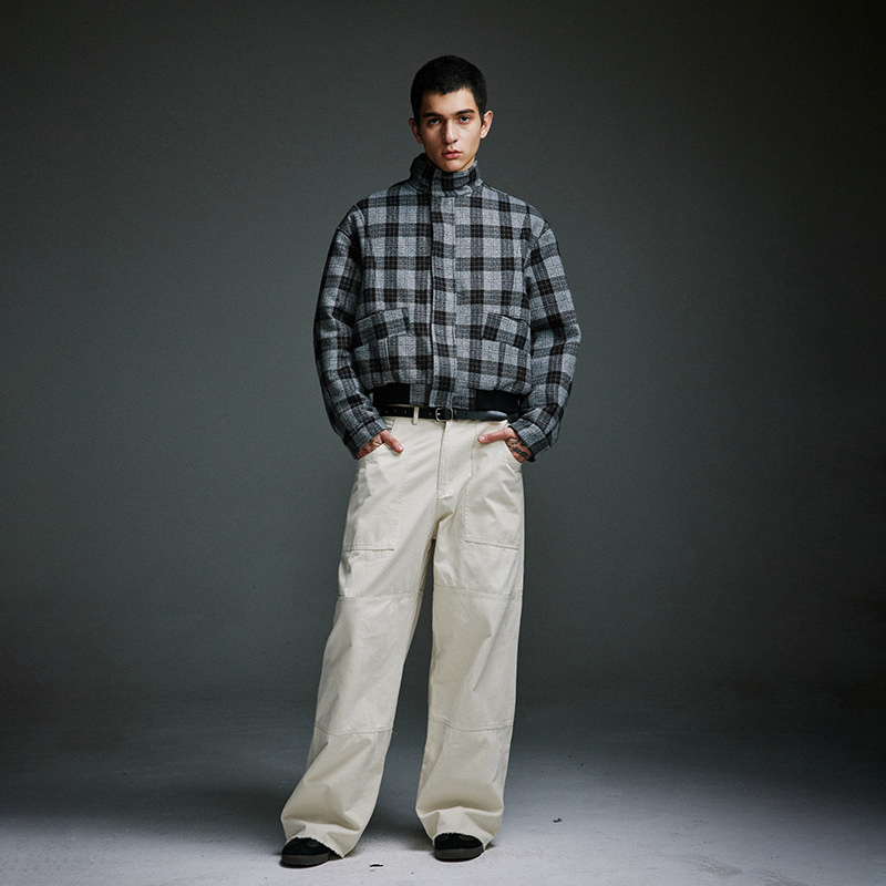 Men's Clothing Retro Stand Collar Plaid Woolen Coat Vintage Design Cotton Coat_voghion.com