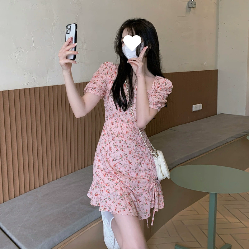 Реальный снимок ~ женское платье больших размеров с цветочным принтом, сладкое платье с квадратным вырезом на талии, новое платье феи